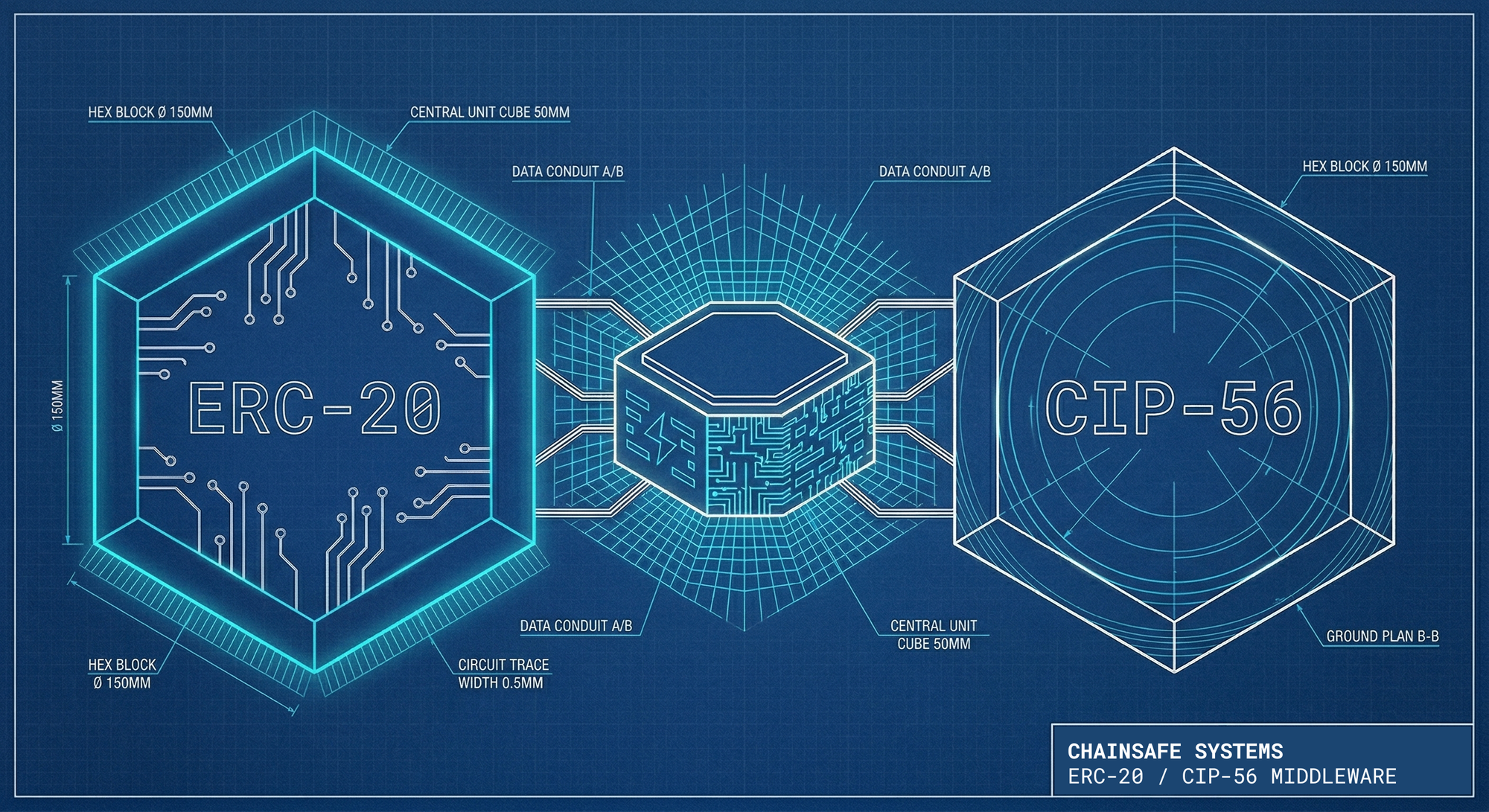 Blueprint-style image depicting ERC-20 and CIP-56 standards communicating.