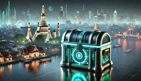 A sci-fi treasure chest looms over the night sky, temples and skyscrapers in the distance.