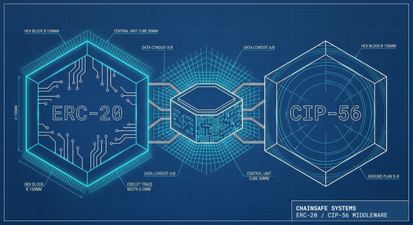 Blueprint-style image depicting ERC-20 and CIP-56 standards communicating.